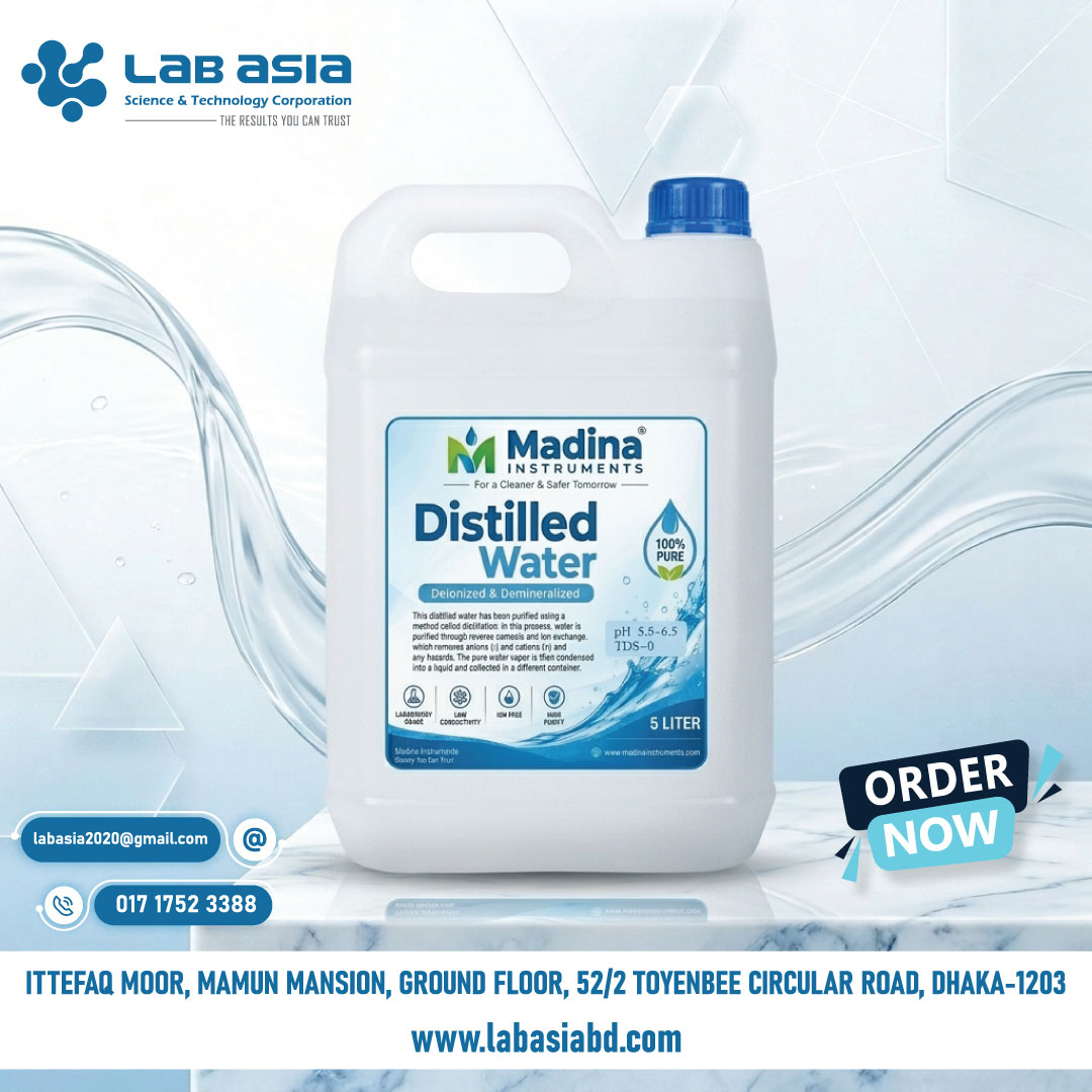 Madina Instruments Distilled Water – 5 Liter High-quality Distilled Water from Madina Instruments, supplied by Lab Asia Science & Technology Corporation. This water is purified through Deionization and Demineralization processes, making it suitable for laboratory and research use. Key Features: 100% Pure Distilled Water Deionized & Demineralized TDS – 0 pH Range: 5.5 – 6.5 Laboratory Grade Low Conductivity Ion Free High Purity Purification Process: This distilled water is purified using Reverse Osmosis and Ion Exchange methods. The process effectively removes anions (-) and cations (+), ensuring pure water free from any impurities or hazards. The pure water vapor is then condensed into liquid and collected in a separate container.